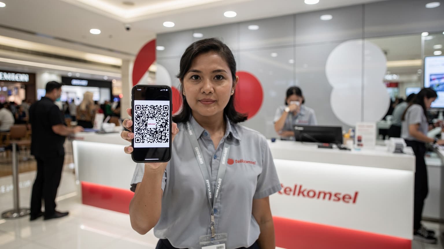 Seorang insinyur telekomunikasi wanita sedang memegang smartphone dengan layar kode QR di salah satu gerai Telkomsel di Mall Grand Indonesia, Jakarta, dengan latar belakang suasana ramai pusat perbelanjaan.