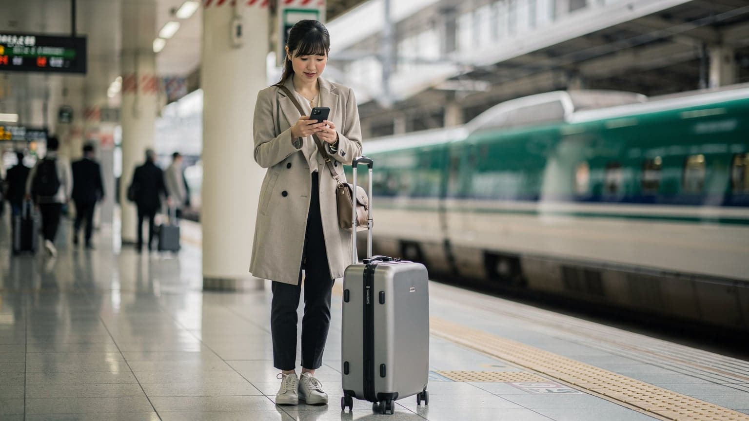 東京駅の新幹線ホームで、スーツケースを傍らにスマートフォンでeSIM設定を確認する日本人旅行者。