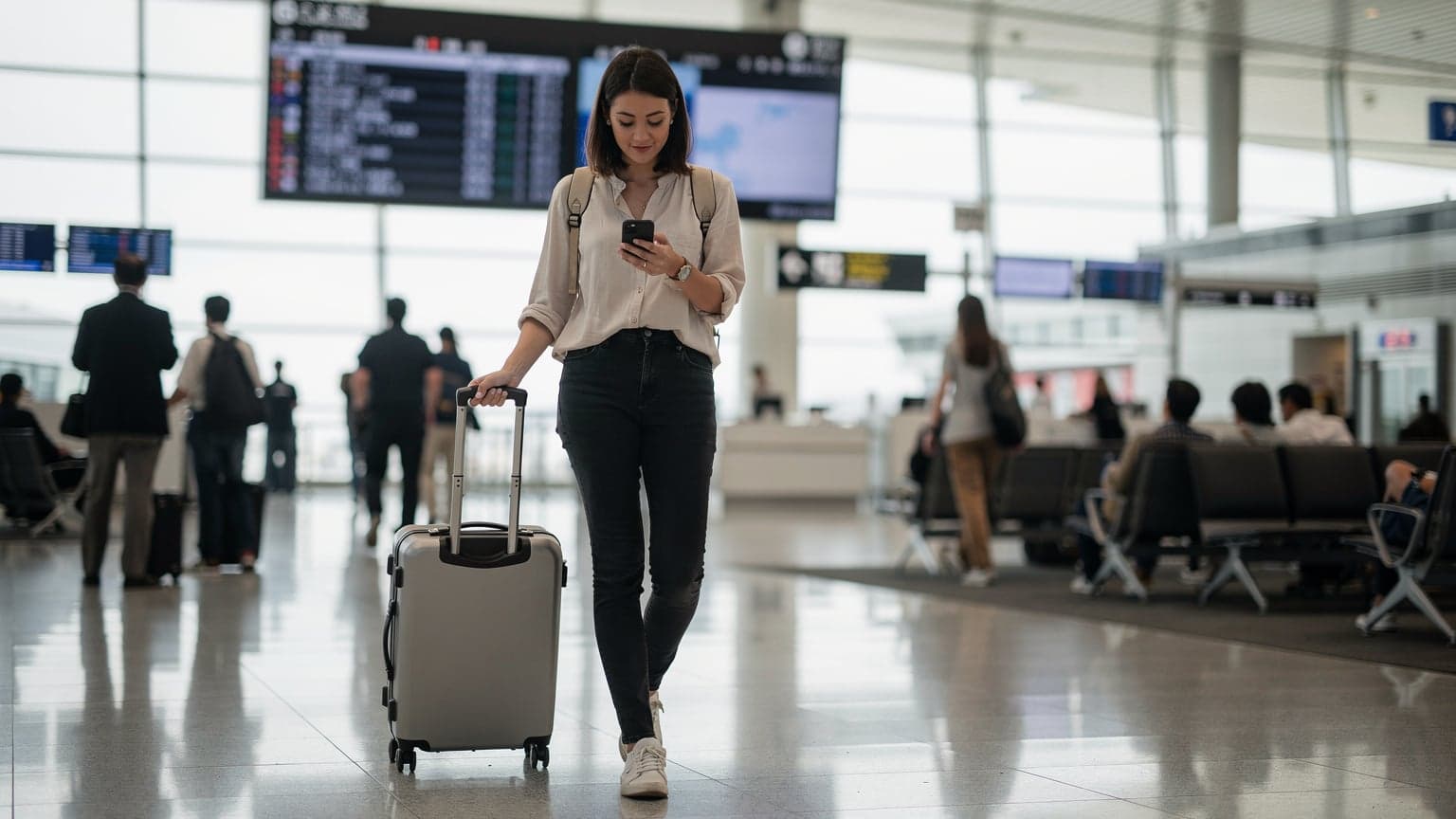 A woman confidently walking through Narita International Airport in Tokyo, checking her iPhone, with a vibrant digital travel map on the screen.