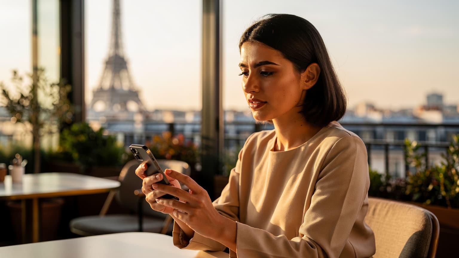 Bir kadın, Paris'teki Eyfel Kulesi manzaralı bir kafede dizüstü bilgisayarında çalışırken telefonuyla eSIM kurulumunu tamamlıyor.