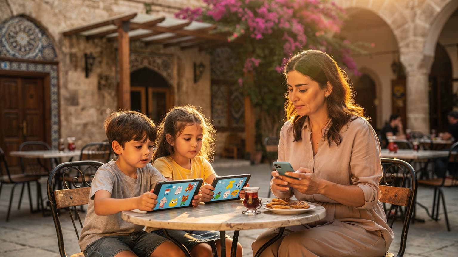 İstanbul'daki tarihi bir hanın avlusunda, anneleriyle birlikte oturan iki çocuk, tabletlerinde çizgi film izlerken, anneleri Cellesim eSIM uygulamasından internet paketini kontrol ediyor.