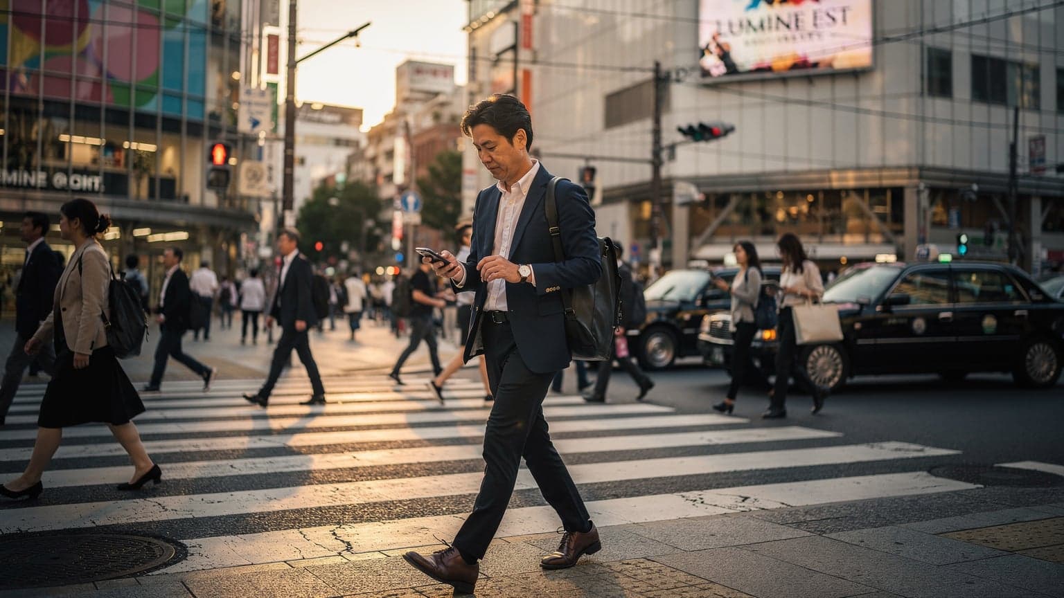 東京の新宿駅周辺で、スマートフォンを見ながら移動するビジネスパーソン。彼のスマートフォンには、旅行プランと接続状況を示すCellesim eSIMのアイコンが表示されている。