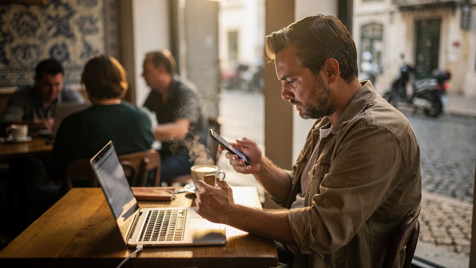 En reisende nordmann sitter på en kafé i Lisboa, Portugal, med en bærbar PC og en smarttelefon, mens de sammenligner eSIM-priser for å spare penger på mobildata.