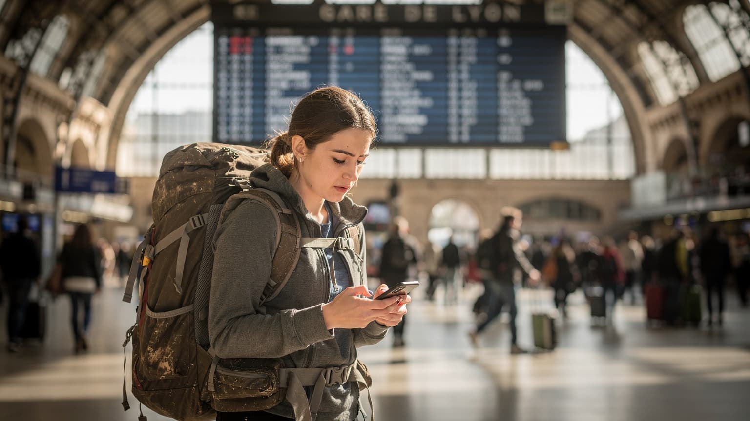 Une voyageuse avec un sac à dos vérifie son téléphone pour les données eSIM à la gare de Lyon à Paris, avec un tableau d'affichage des départs en arrière-plan.