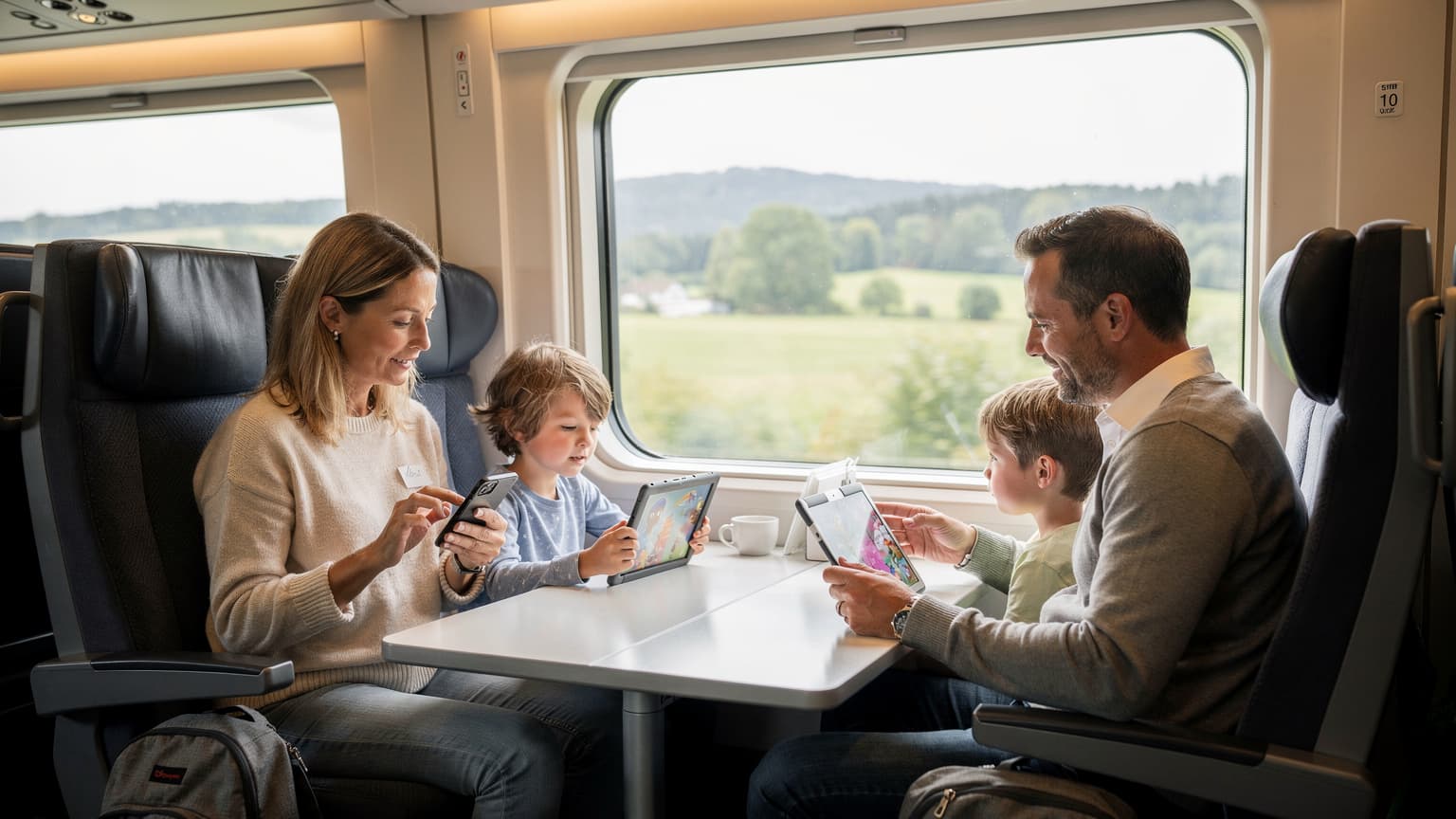 Eine Familie, bestehend aus Eltern und zwei Kindern, sitzt gemütlich in einem hellen Zugabteil der Deutschen Bahn, während die Kinder auf ihren Tablets Disney+ streamen und die Mutter auf ihrem Smartphone eine eSIM aktiviert.