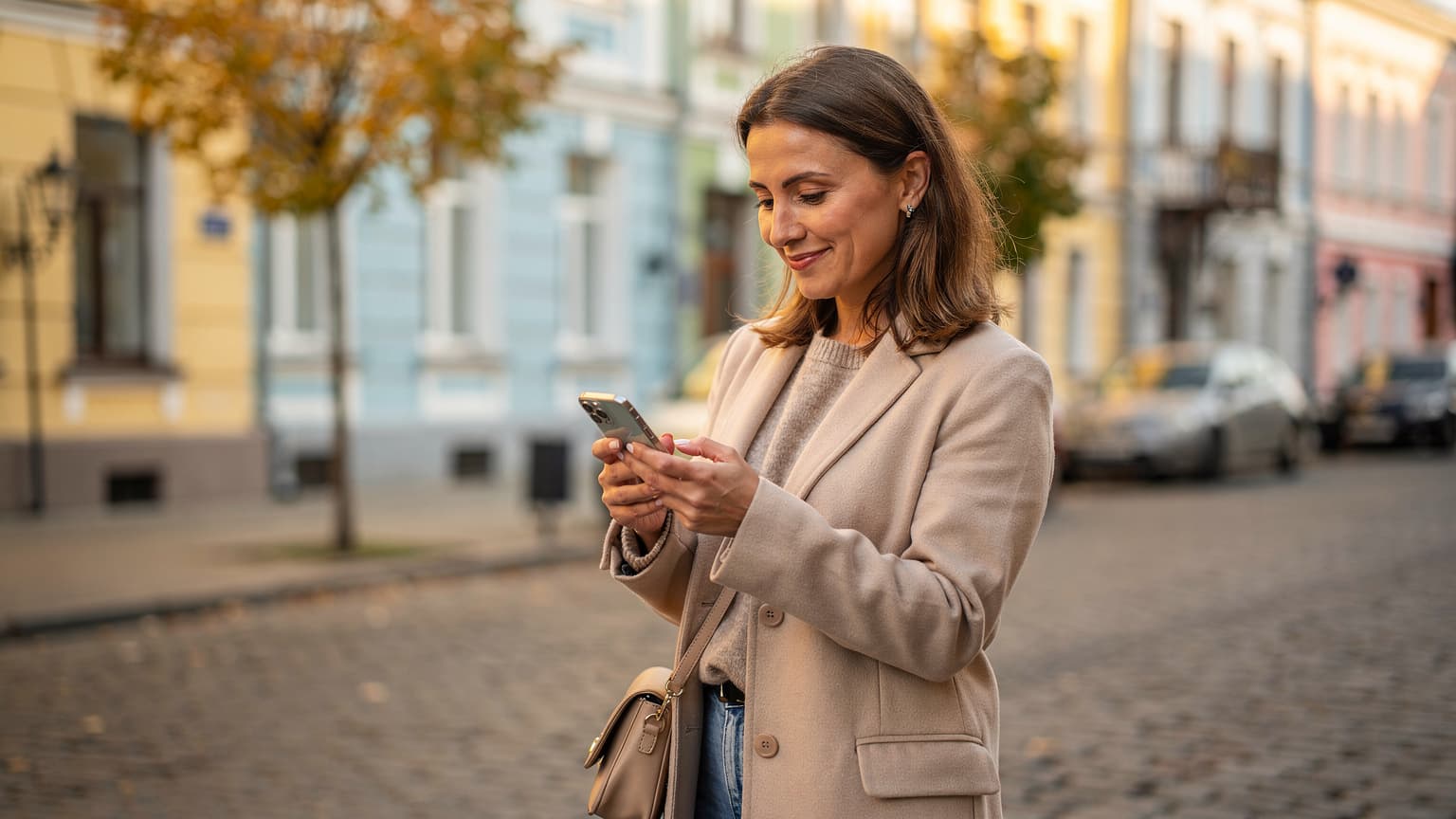 Українська жінка в Києві користується смартфоном з eSIM, дивлячись на архітектуру Подолу.