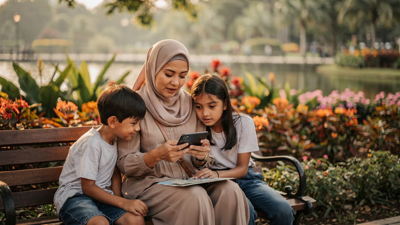 Seorang ibu dan dua anaknya sedang melihat peta digital di telefon pintar mereka sambil duduk di bangku di Taman Tasik Perdana, Kuala Lumpur, dengan latar belakang bunga-bungaan tropika yang cerah.