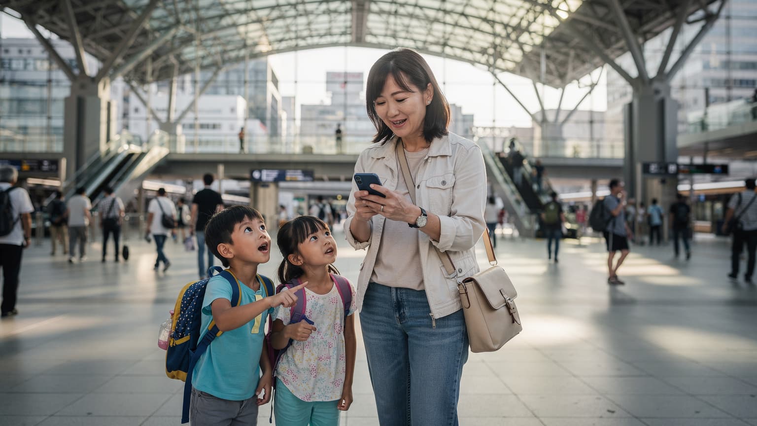 Seorang ibu tersenyum memegang telefon bimbitnya di hadapan Stesen Kyoto, sambil anak-anaknya yang berumur sekitar 8 dan 10 tahun sibuk melihat papan tanda dan bangunan. Cahaya matahari lembut pagi menyinari kawasan itu.