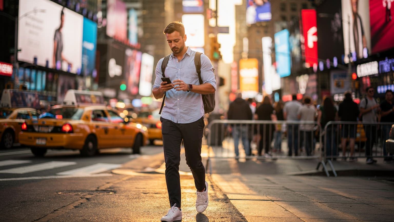 Mladý muž prochází rušným Times Square v New Yorku, kontroluje si telefon s eSIM připojením, zatímco v pozadí svítí obří reklamní obrazovky.