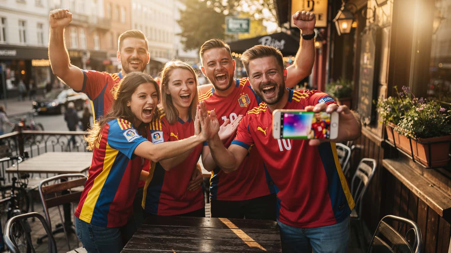 Un grup de fani români, purtând tricouri ale echipei naționale, sărbătorind un gol pe o terasă aglomerată din Hamburg, cu un smartphone afișând un scor live.