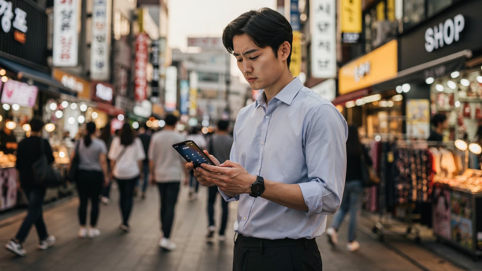 서울 명동 거리에서 한 남성이 스마트폰을 들고 SKT eSIM 개통 정보를 확인하며 해외여행 계획을 세우는 모습.