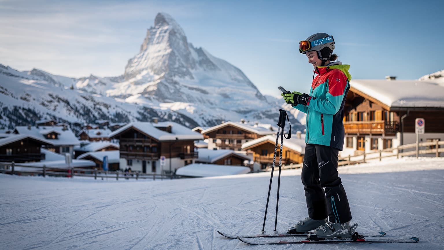 O schioare tânără, echipată complet, verificând prognoza meteo pe telefonul său, cu un fundal spectaculos al Alpilor Elvețieni în stațiunea Zermatt, sub un cer senin de iarnă.