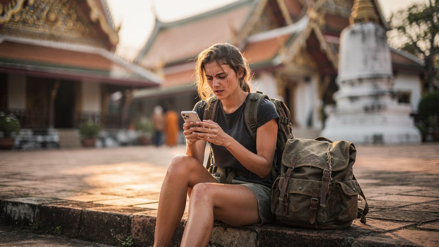 Une jeune femme voyageuse avec un sac à dos, utilisant son smartphone pour consulter une carte, assise sur les marches d'un temple ancien à Chiang Mai, en Thaïlande, au lever du soleil.