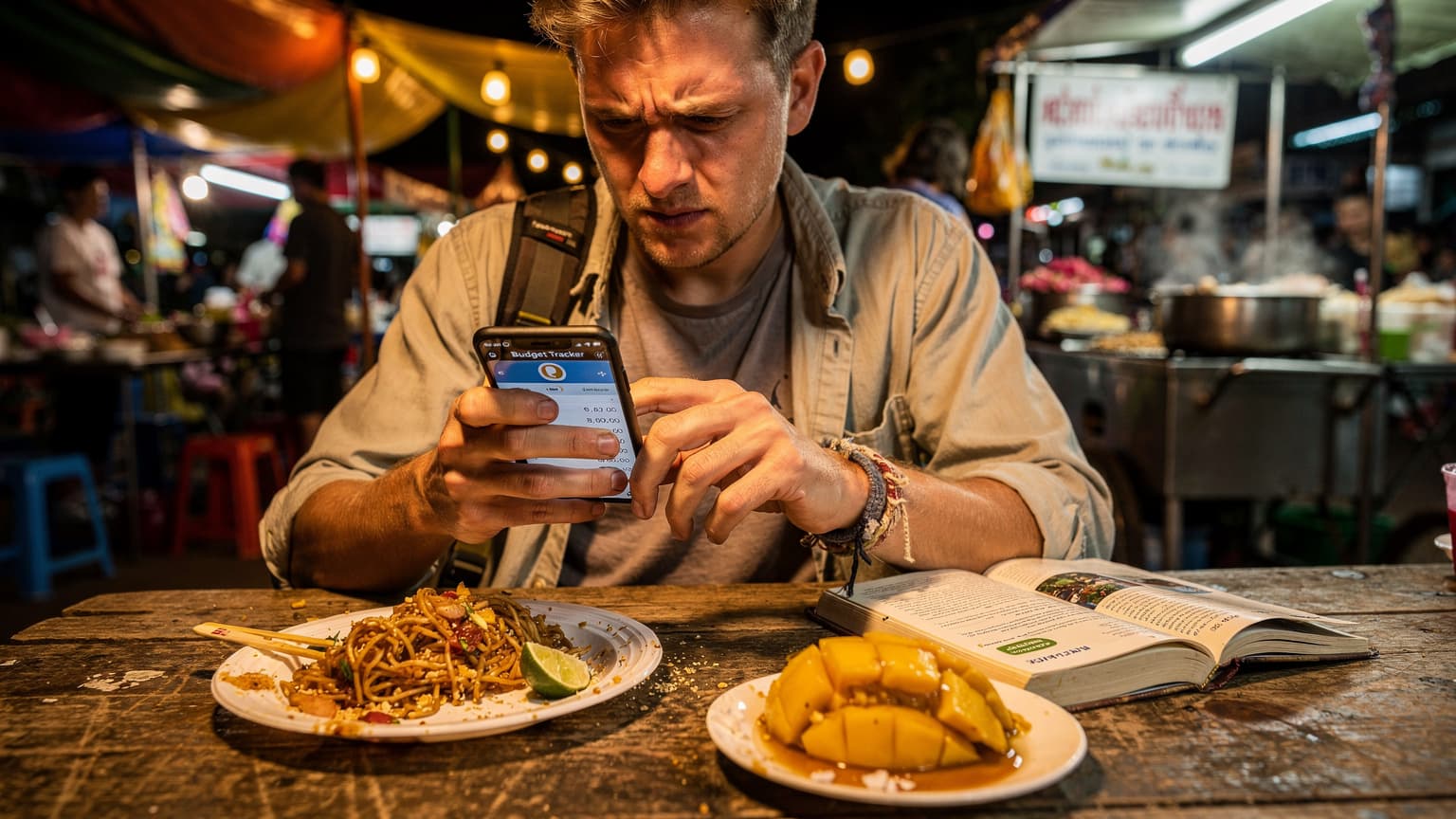 A backpacker meticulously tracking expenses on a smartphone, with a worn travel guide and a half-eaten street food snack on a weathered wooden table in a bustling Southeast Asian night market.