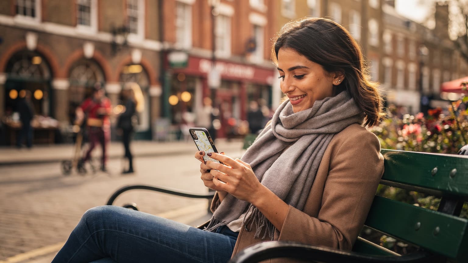 Una viaggiatrice italiana sorride mentre naviga con il suo smartphone, seduta su una panchina nell'area di Covent Garden a Londra, con i caratteristici edifici in mattoni rossi e l'atmosfera vivace di un pomeriggio soleggiato sullo sfondo.