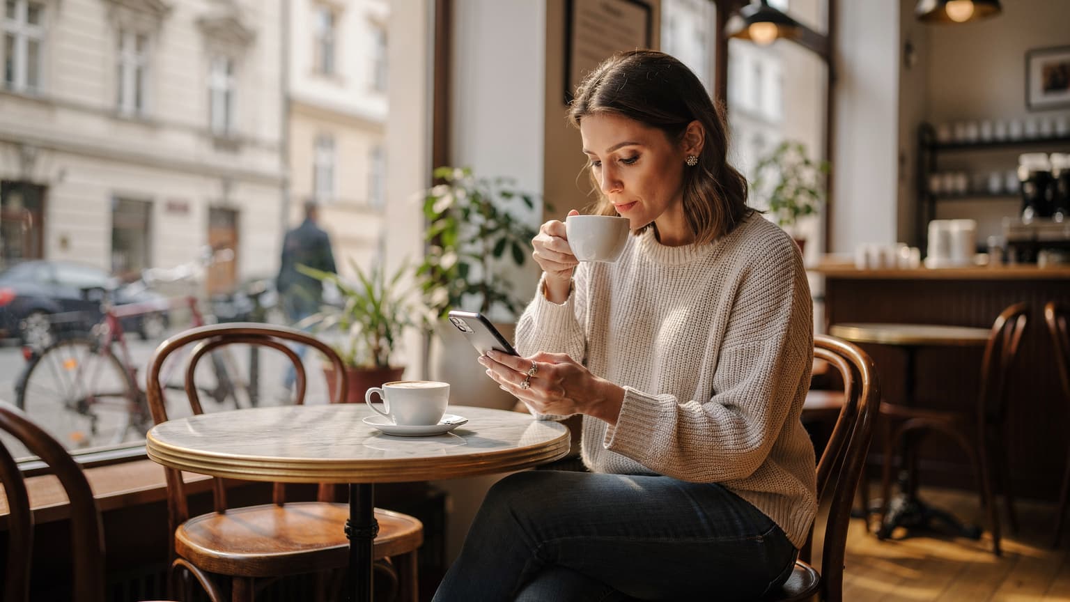 Eine Frau sitzt entspannt in einem Café im Wiener Stadtteil Neubau, trinkt einen Melange und schaut auf ihr neues iPhone, während sie ihre eSIM überträgt.