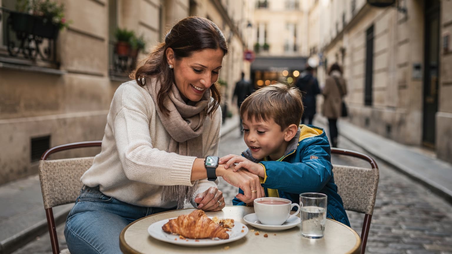 Une mère souriante et son enfant regardant une carte sur une Apple Watch, assises à une table de café en plein air dans le quartier du Marais à Paris, avec un croissant et un chocolat chaud à côté.