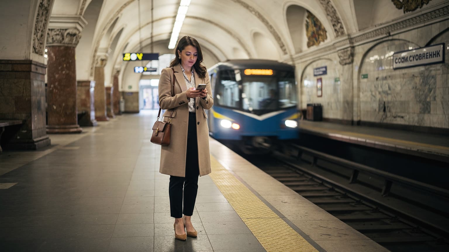 Жінка в елегантному діловому костюмі перевіряє свій смартфон на платформі метро в Києві, на фоні видно потяг та архітектуру станції, що відображає міське сполучення.