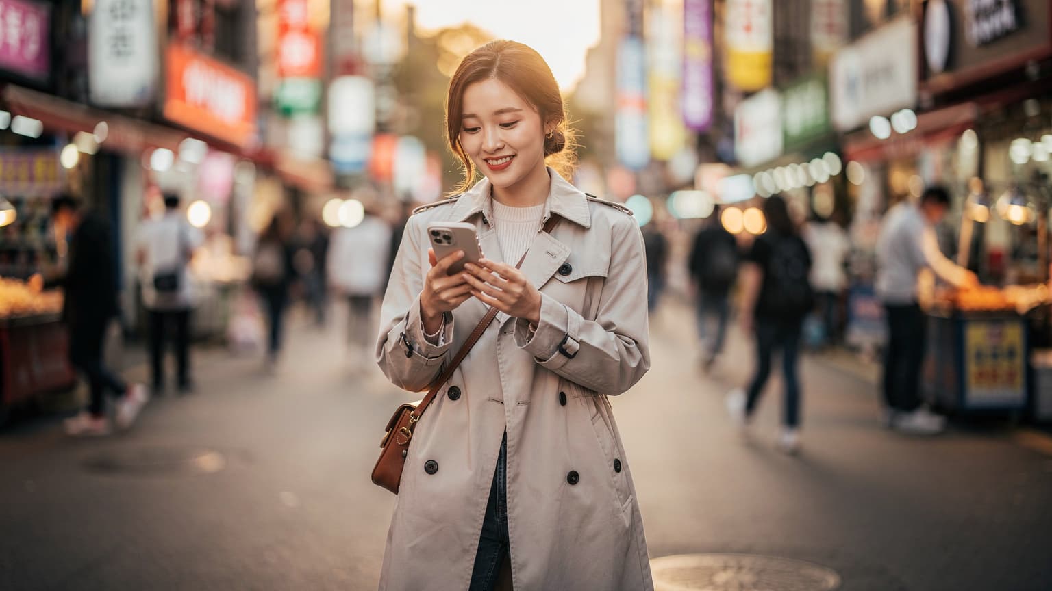 서울 명동 거리에서 한 여성이 스마트폰으로 eSIM 설정을 확인하며 미소 짓고 있다.