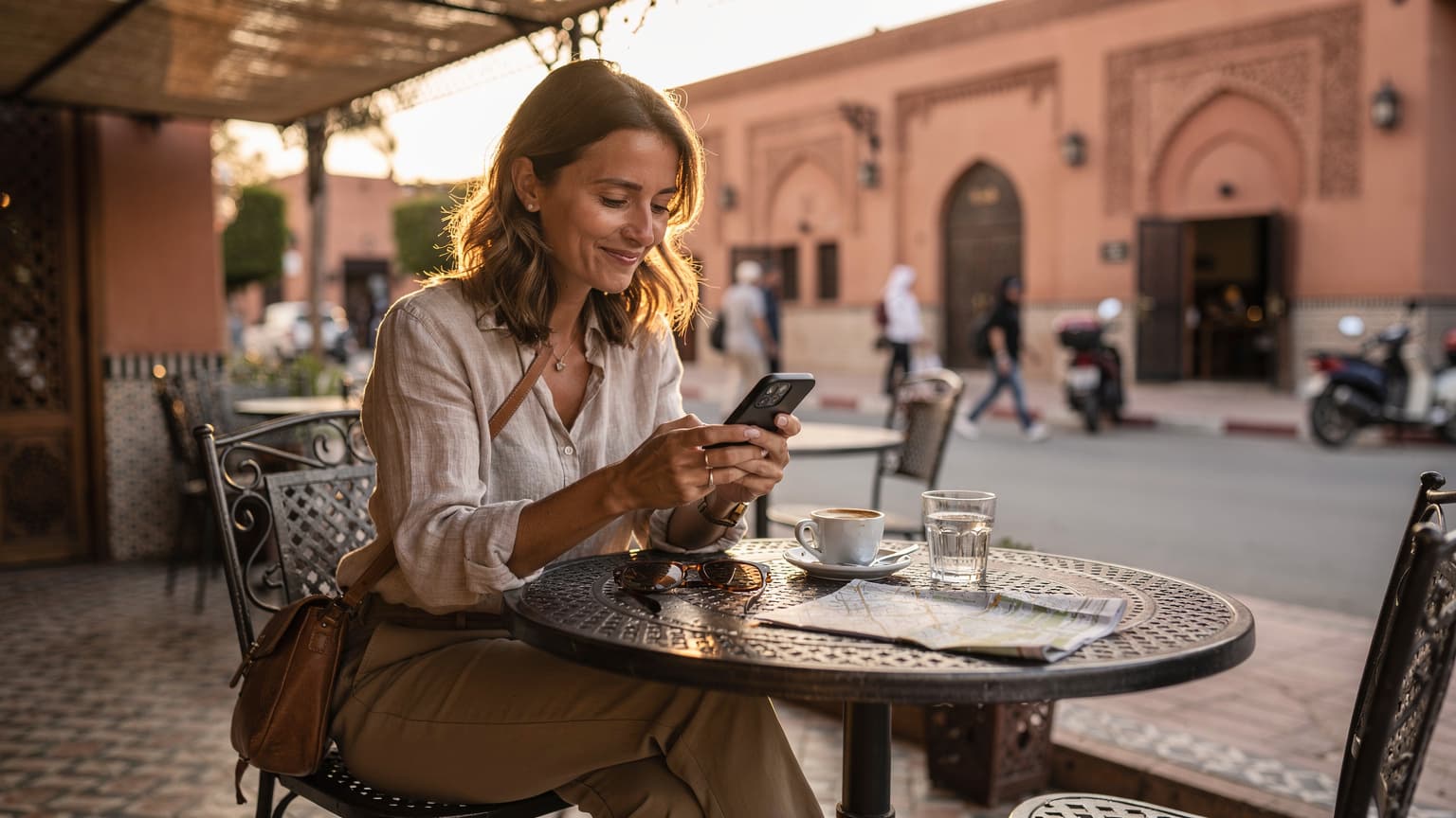 Une voyageuse française, son téléphone en main affichant un écran de confirmation eSIM, est assise à une table de café en fer forgé sur une terrasse ensoleillée dans le quartier de Guéliz à Marrakech, avec l'agitation d'une rue marocaine en arrière-plan.