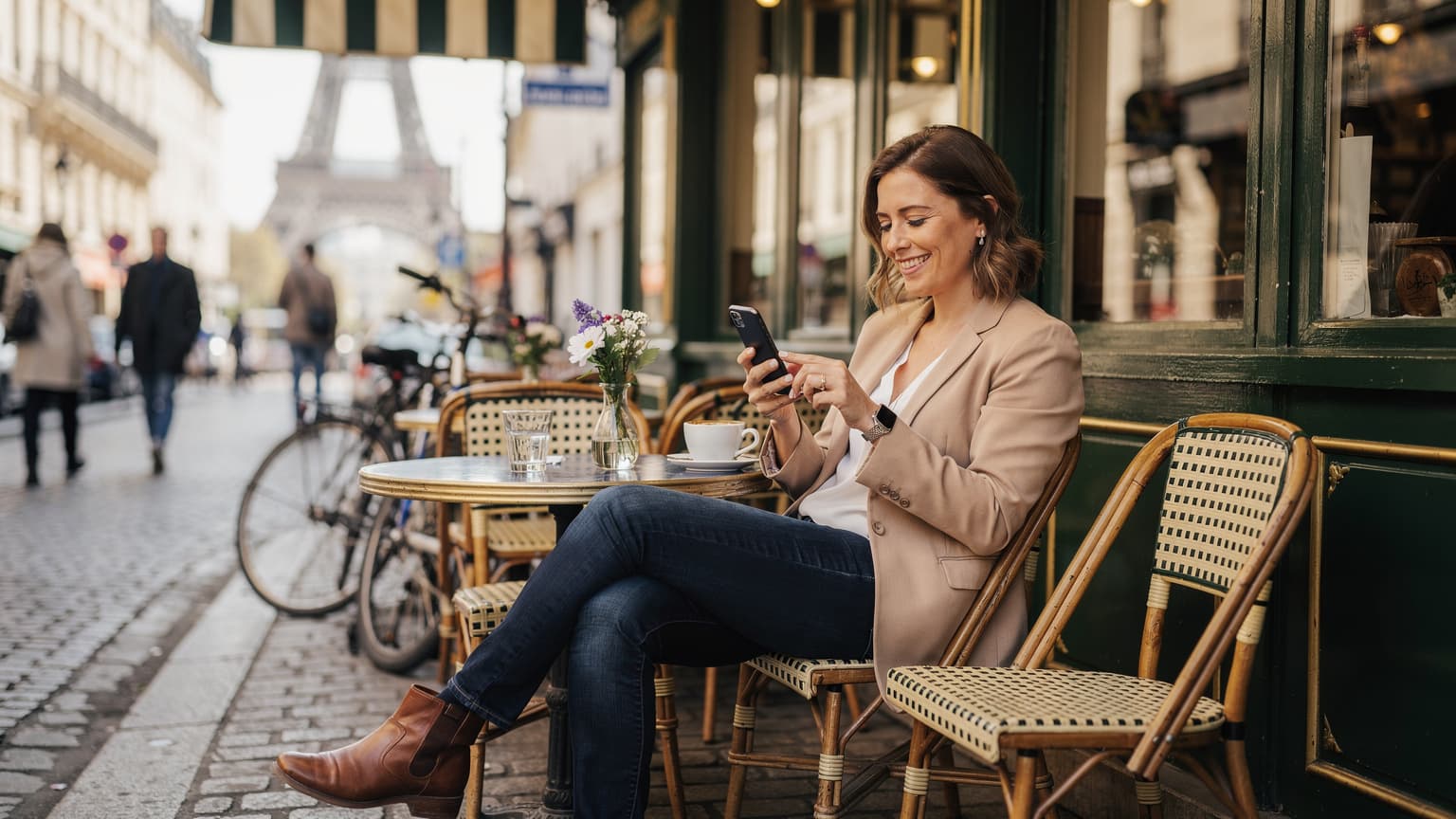 Une femme souriante, assise à la terrasse d'un café parisien typique avec une tasse de café, regarde son iPhone et semble satisfaite de sa connexion, avec la Tour Eiffel floue en arrière-plan.