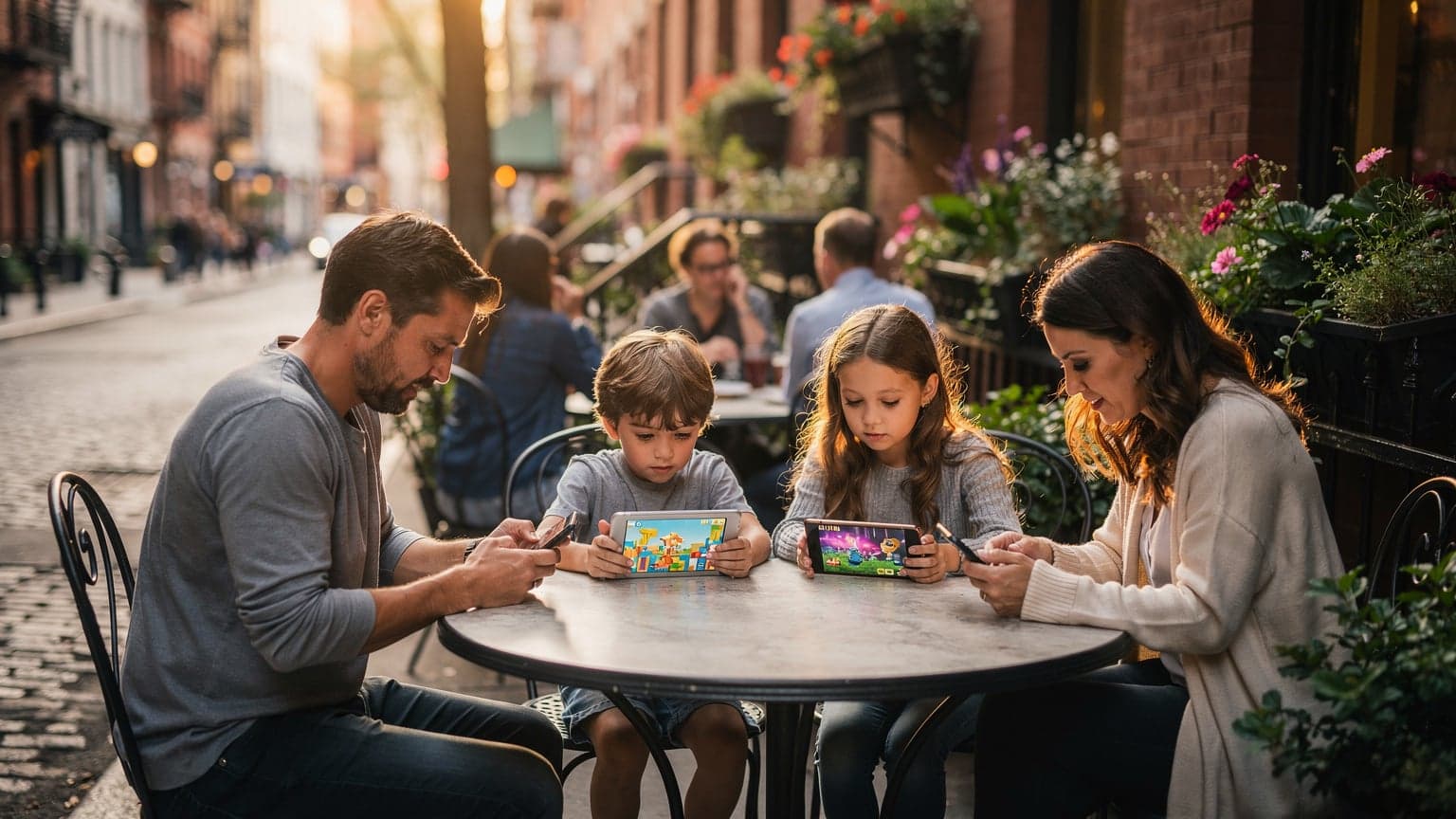 A family of four, parents and two children aged 8 and 11, happily using their smartphones and a tablet at a bustling outdoor cafe in New York City's West Village, with historic brownstones and vibrant street life in the background.