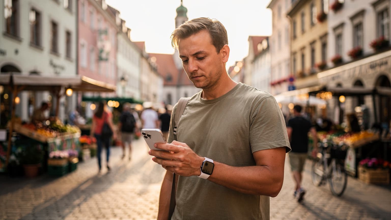 Eine Person mit einer Apple Watch am Handgelenk und einem iPhone in der anderen Hand, die auf einer geschäftigen Einkaufsstraße in München, nahe des Viktualienmarktes, steht.