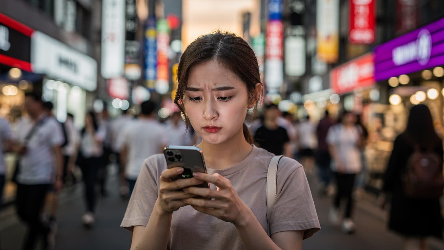 서울 명동 거리의 북적이는 사람들 사이에서 한 여성이 아이폰을 들고 eSIM 설정 화면을 확인하는 모습. 배경에는 한국어 간판들이 보인다.