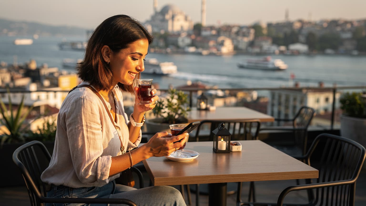 O turistă zâmbind, savurând un ceai turcesc pe o terasă însorită din Istanbul, cu o vedere panoramică asupra Bosforului și a moscheilor iconice, folosindu-și telefonul pentru a verifica hărțile.