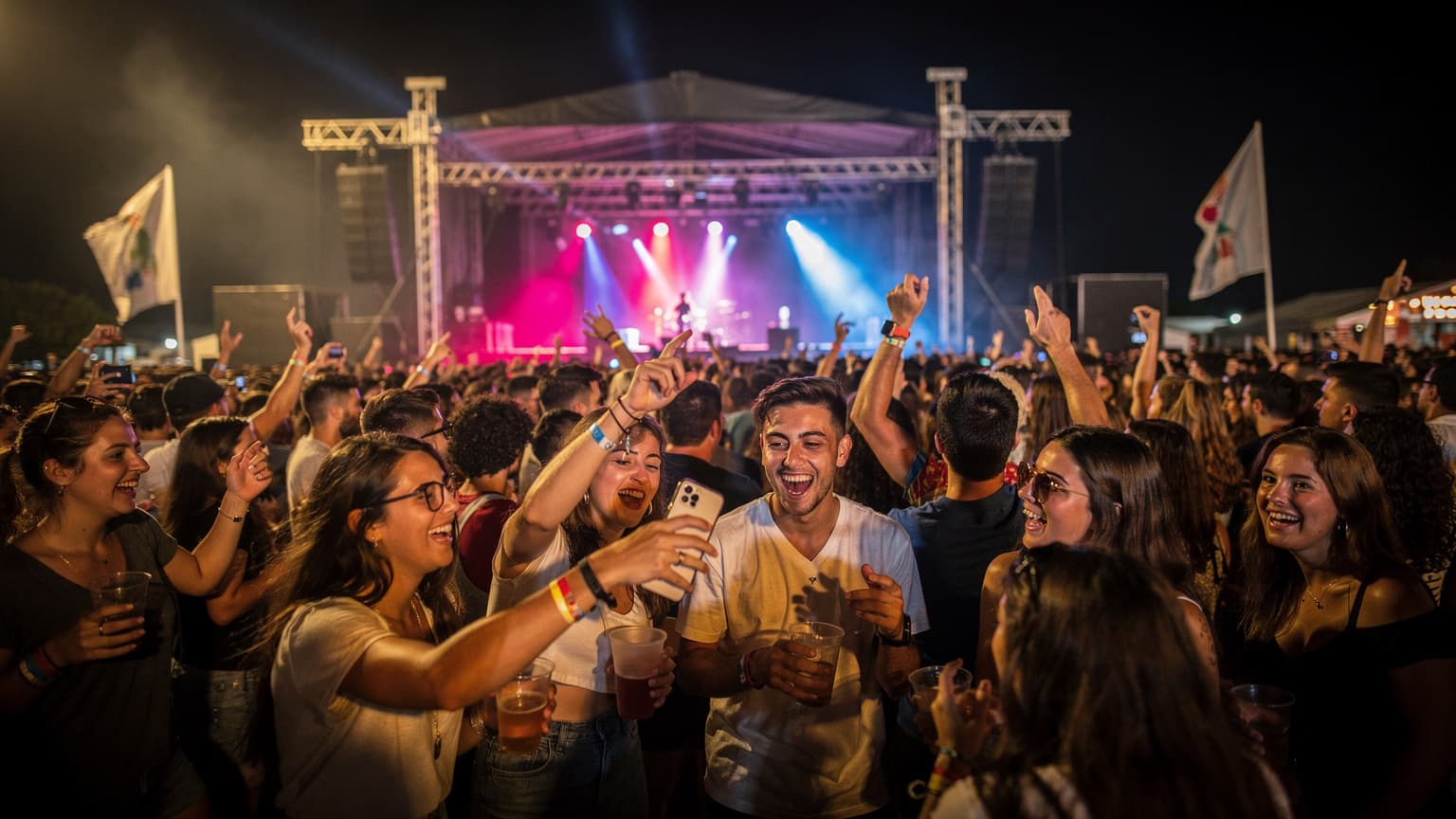 Uma multidão vibrante dançando em frente a um palco iluminado por luzes coloridas no festival MEO Sudoeste, com algumas pessoas levantando seus celulares para gravar.