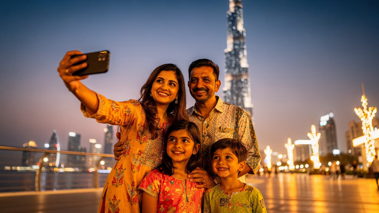 दुबई में बुर्ज खलीफा के सामने, एक भारतीय परिवार शाम की रोशनी में वीडियो कॉल कर रहा है, जिसमें बच्चे भी उत्साहित दिख रहे हैं.