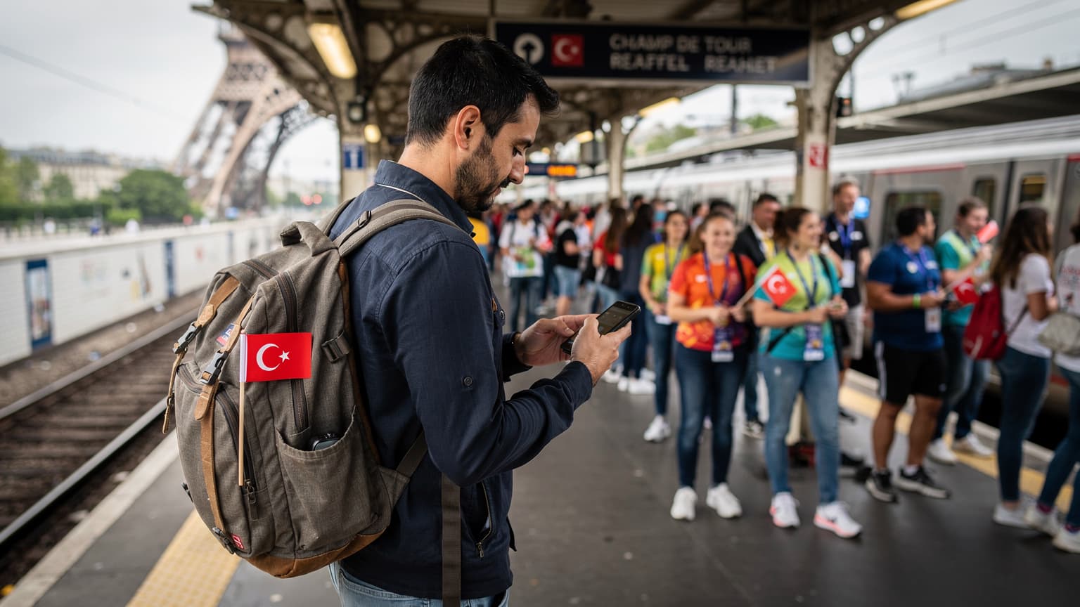 Paris 2026 Yaz Olimpiyatları'nda bir Türk seyahatsever, Eyfel Kulesi yakınlarındaki kalabalık bir metro istasyonunda telefonunu kullanarak eSIM kurulumunu kontrol ediyor.