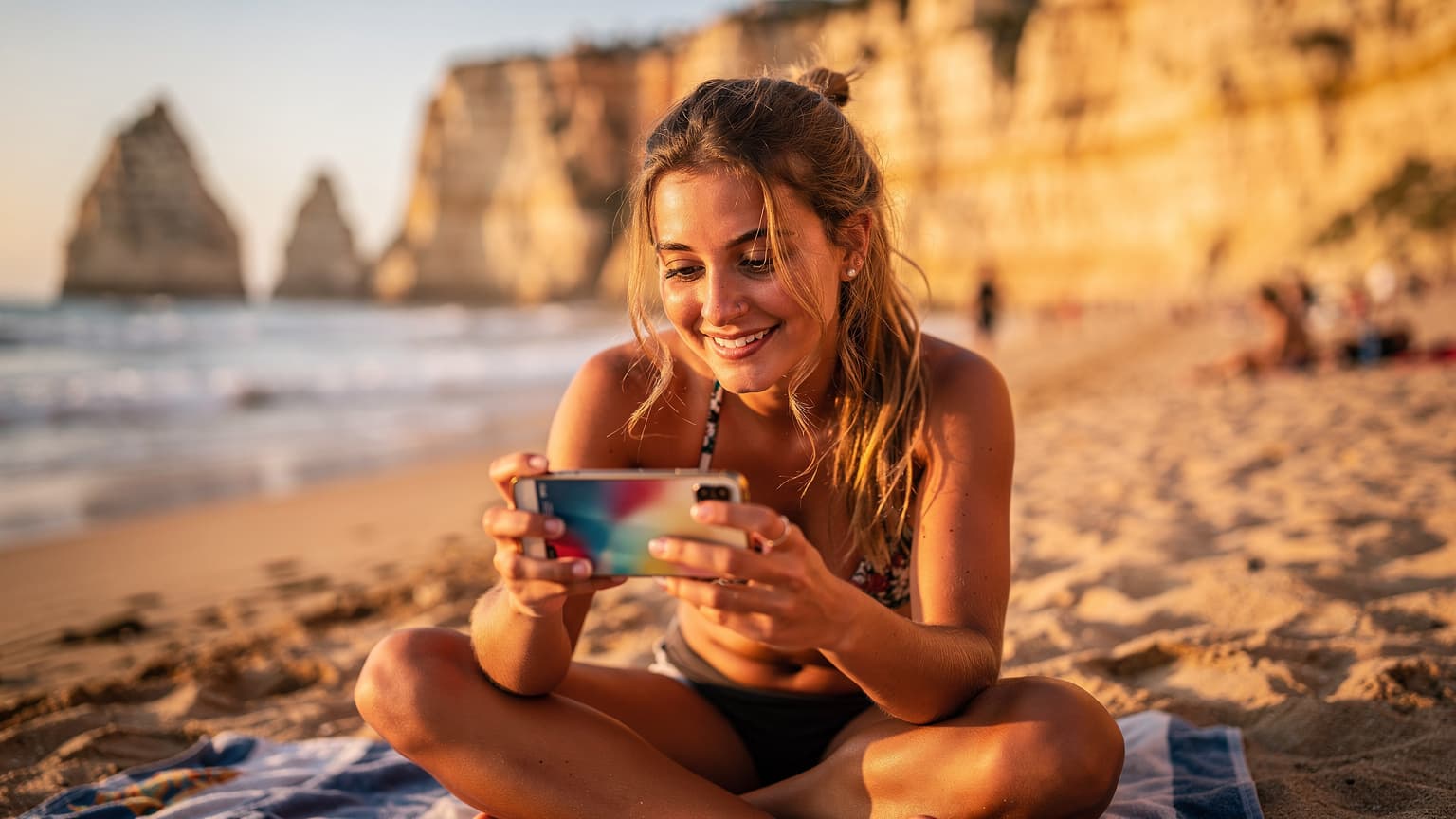 Mladá žena s telefonem v ruce sleduje video na pláži Praia da Rocha v Algarve, v pozadí zlatavé útesy a Atlantický oceán, odpolední slunce.