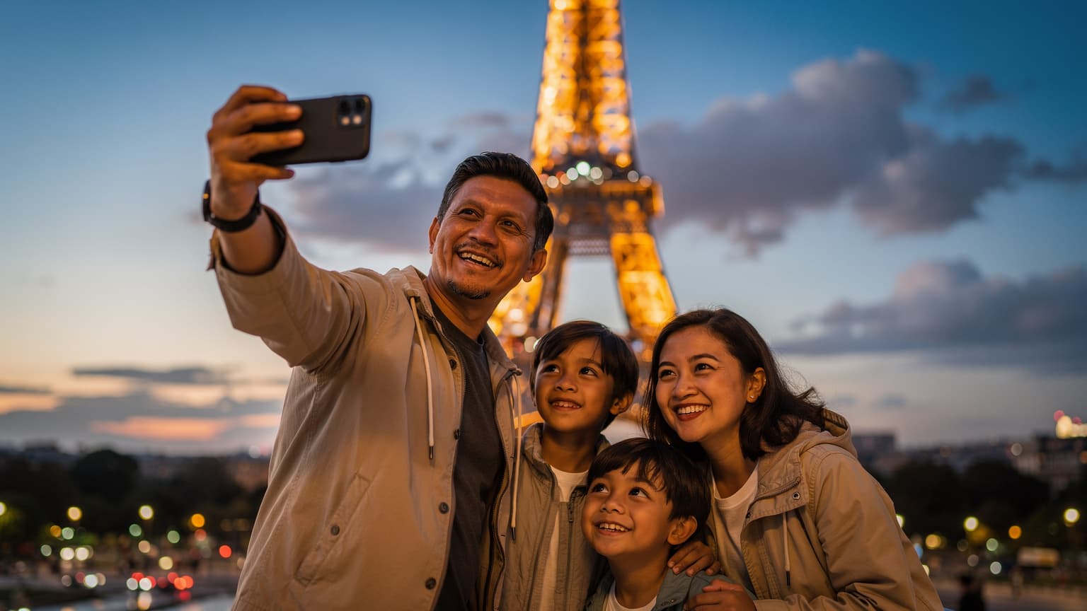 Sebuah keluarga Malaysia tersenyum gembira sedang mengambil gambar selfie di hadapan Menara Eiffel yang diterangi cahaya pada waktu senja, telefon bimbit di tangan ayah menunjukkan isyarat rangkaian penuh.