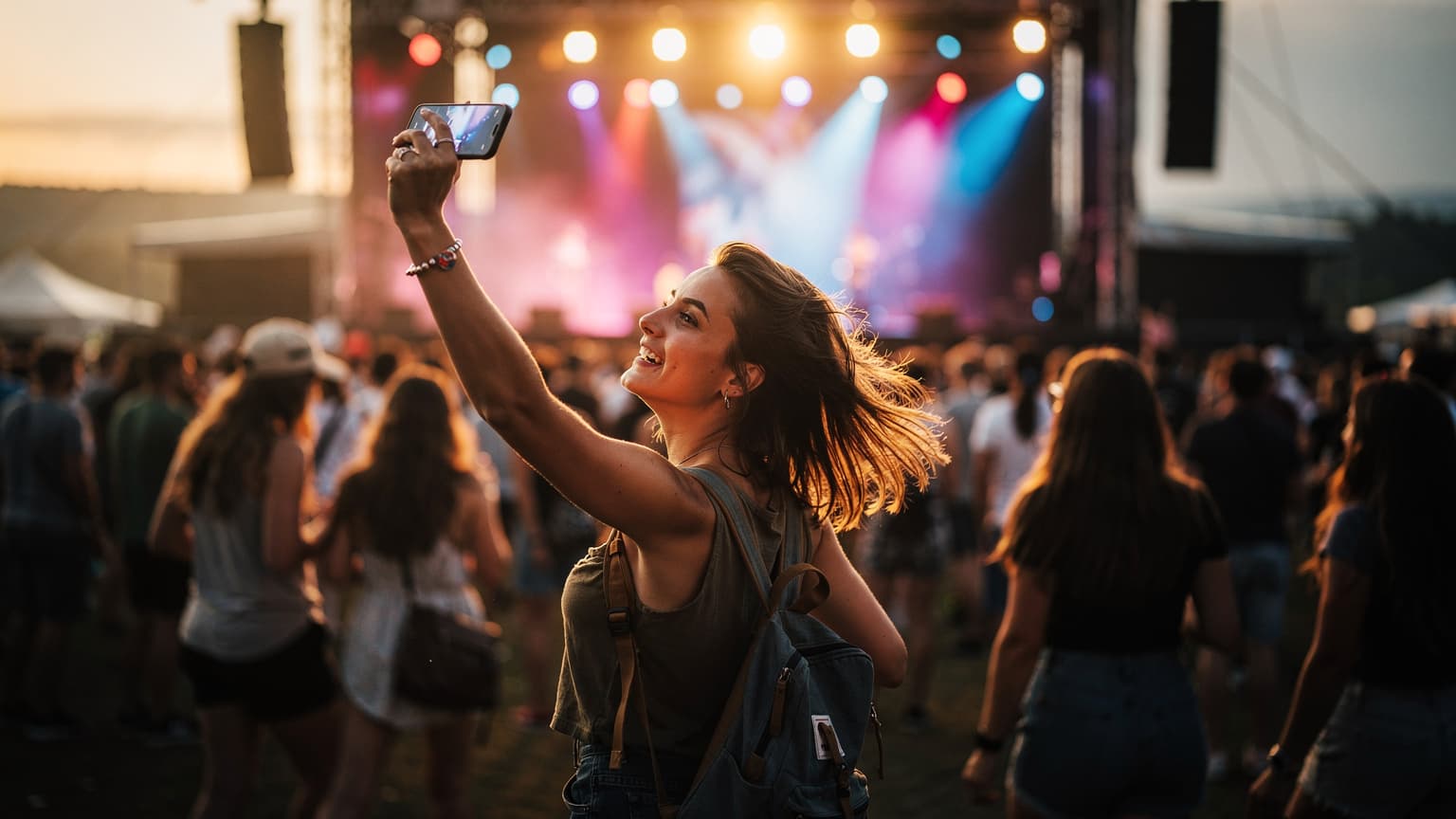 Mladá žena s batohom tancuje v davu na letnom hudobnom festivale v Trenčíne, pričom drží smartfón s rozsvietenou obrazovkou, na pozadí je pódium a farebné svetlá.