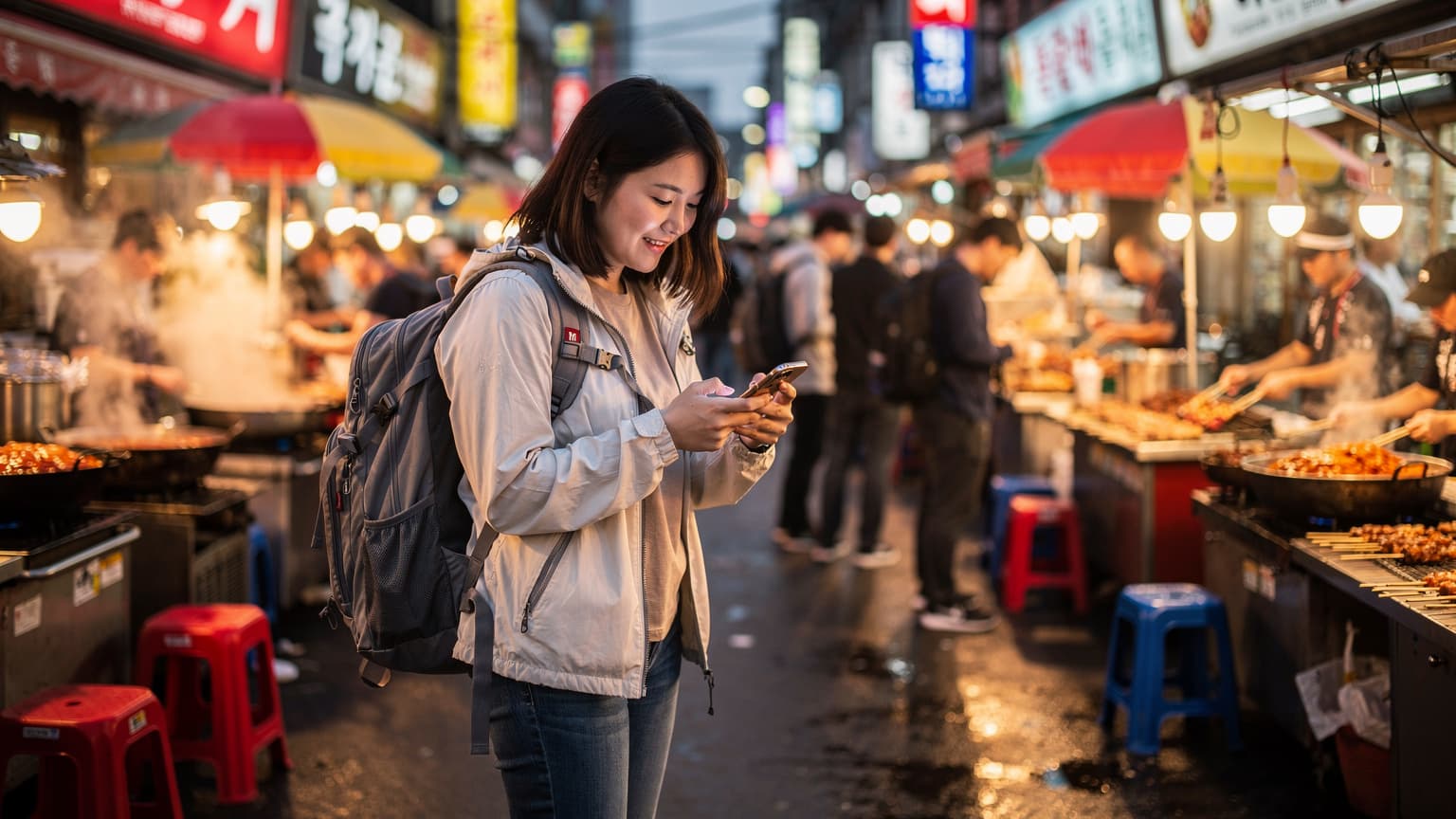 リュックサックを背負った若い女性が、ソウルの明洞の賑やかな屋台街でスマートフォンを手に持ち、笑顔で地図アプリを見ている様子。