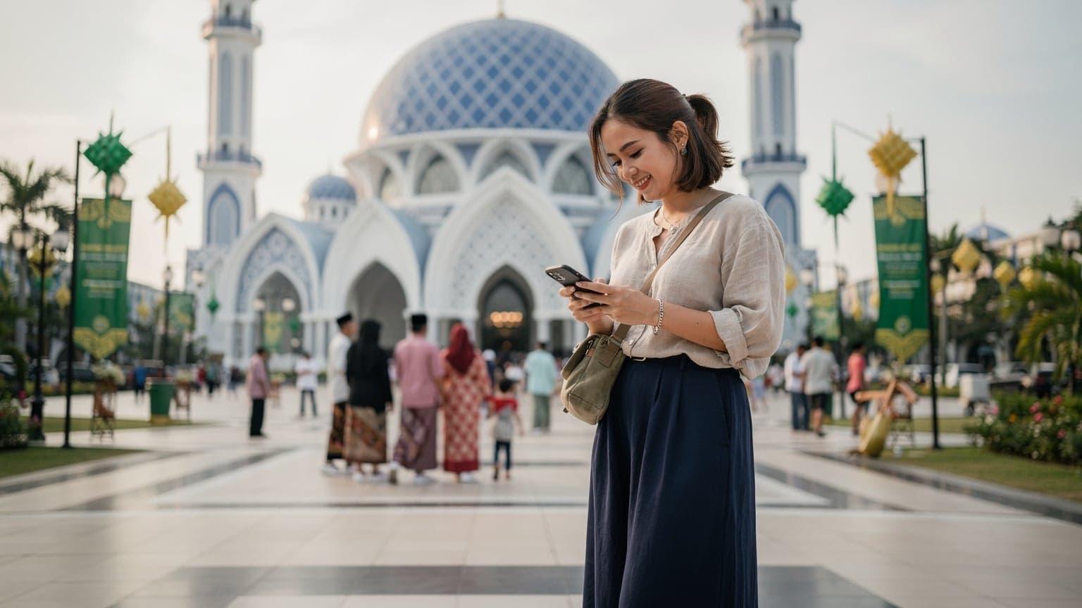 นักเดินทางหญิงชาวไทยกำลังตรวจสอบโทรศัพท์ของเธอพร้อมรอยยิ้มบนใบหน้าขณะยืนอยู่หน้ามัสยิด Sultan Salahuddin Abdul Aziz Shah ใน Shah Alam ประเทศมาเลเซีย ซึ่งมีสถาปัตยกรรมโดดเด่นและโดมสีน้ำเงินขนาดใหญ่