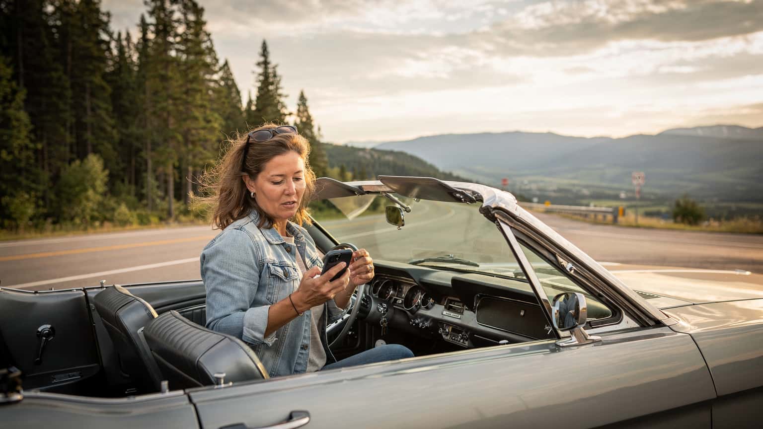 A woman is looking at her phone, mapping out a route in a vintage convertible, with a scenic highway and mountains in the background, transitioning from the US to Canada.