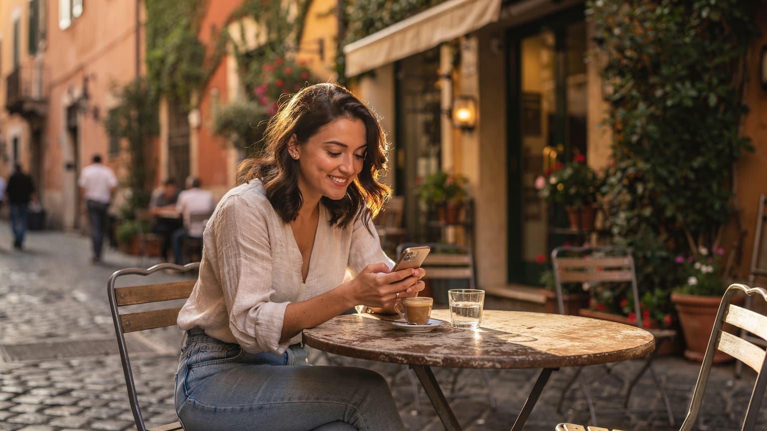 Una giovane donna italiana sorride mentre guarda il suo telefono, seduta a un tavolino di un caffè all'aperto nel quartiere Trastevere a Roma, con il sole del tardo pomeriggio che filtra tra gli edifici storici.