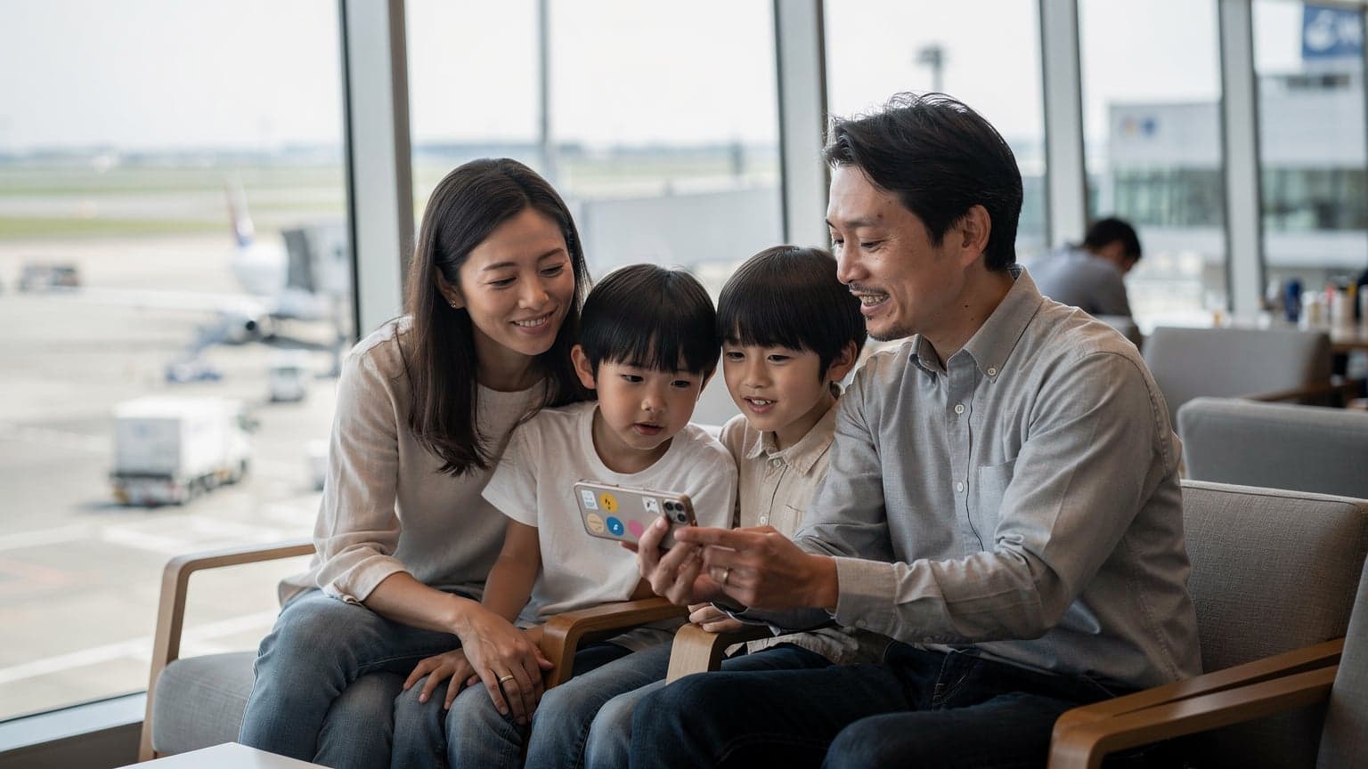 お盆休みに成田空港の国際線ターミナルで、搭乗を待つ家族が、父親のスマートフォンに表示されたeSIM設定画面を覗き込んでいる様子。