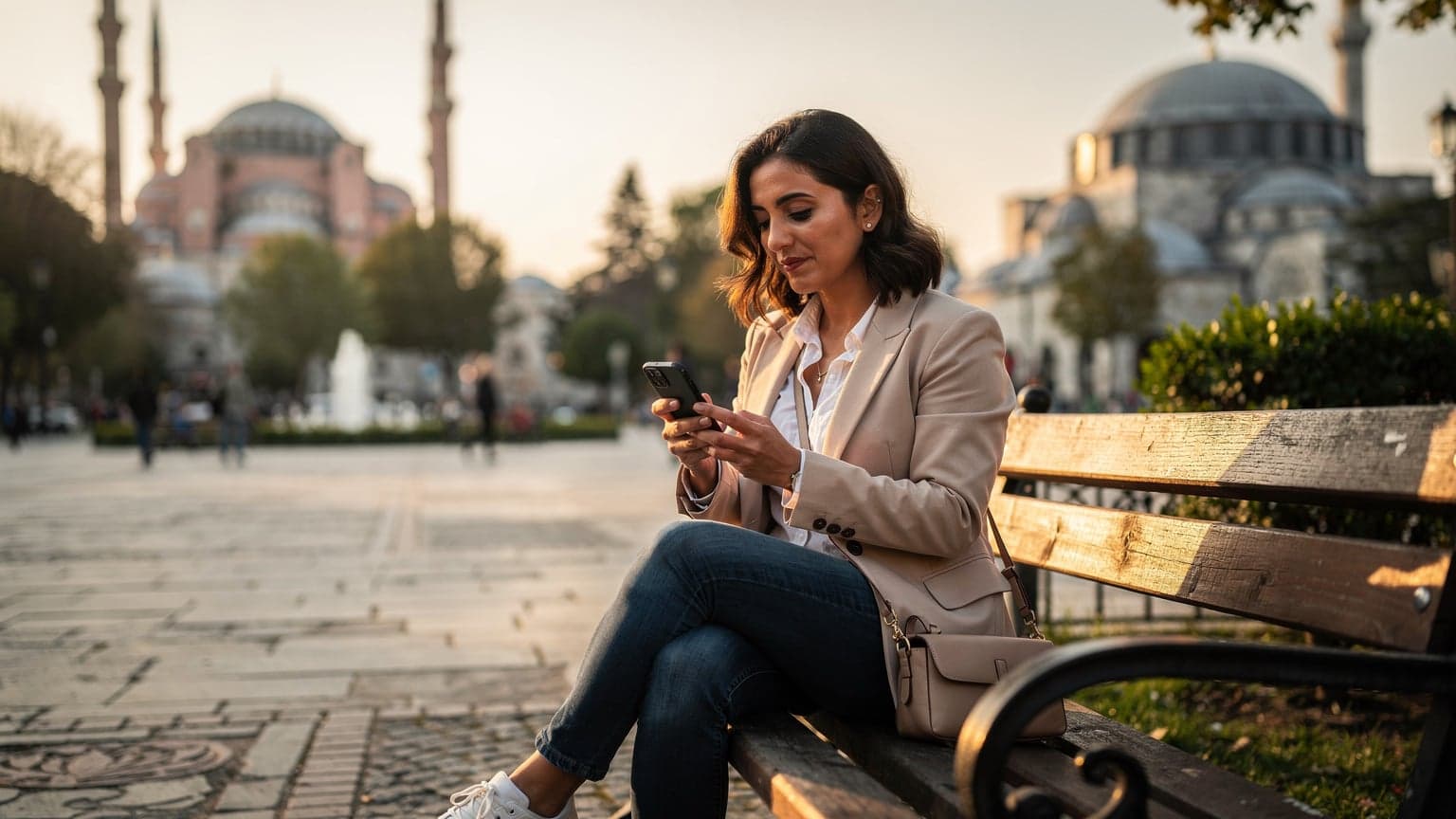 İstanbul'un tarihi Sultanahmet Meydanı'nda, elinde akıllı telefonuyla bir kadın, Ayasofya ve Sultanahmet Camii'ne bakan bir bankta oturmuş, güneşin batışını izlerken telefonundan eSIM ayarlarını kontrol ediyor.