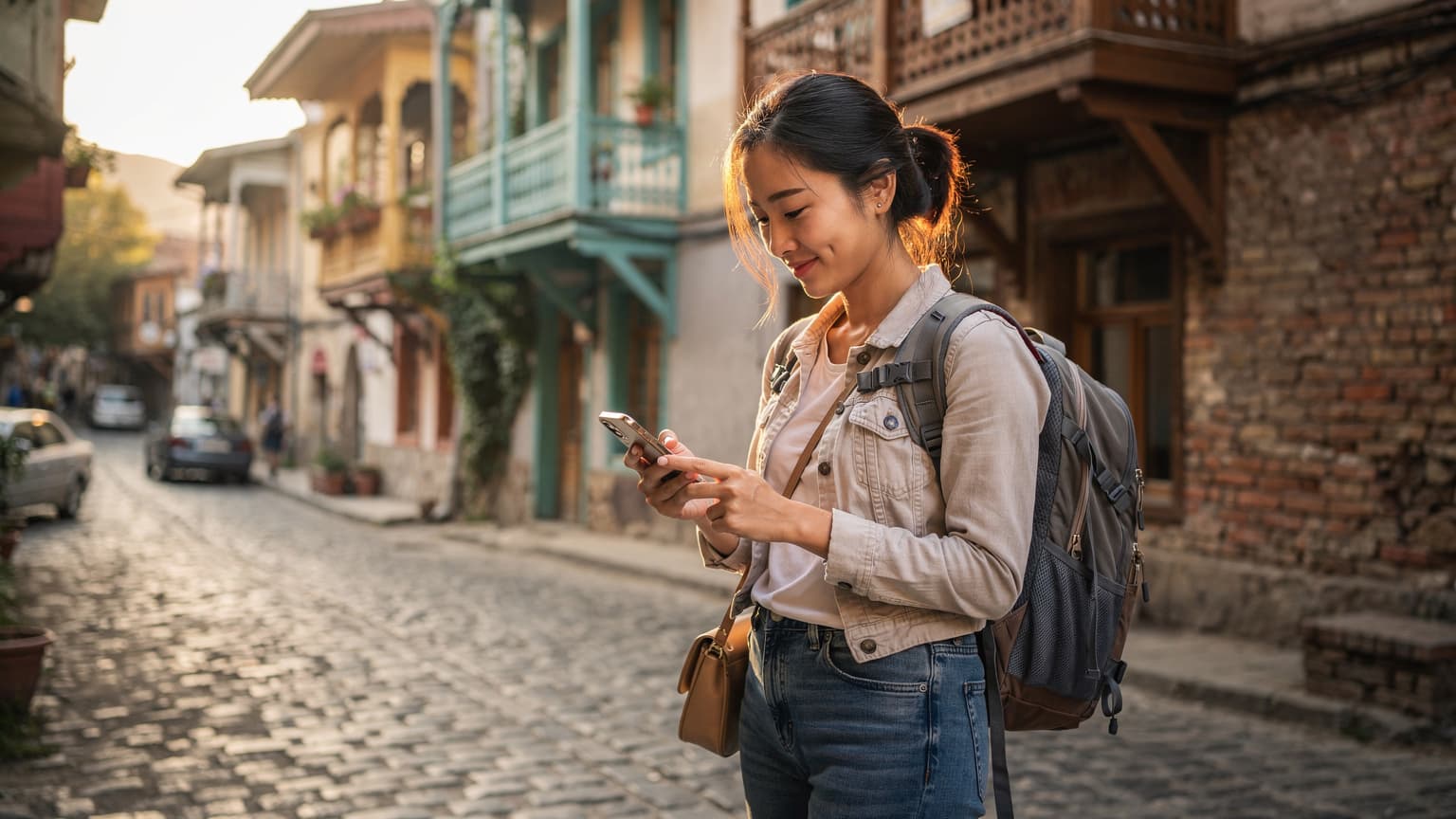 一名中国女背包客在格鲁吉亚第比利斯老城街头,手持手机查看地图,背景是色彩斑斓的木质阳台和蜿蜒的石板路。