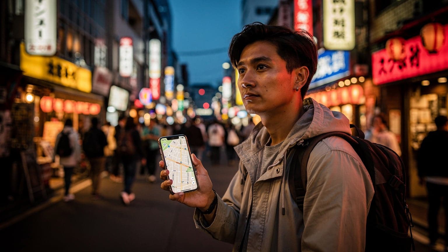 A traveler holding a smartphone, looking at a digital map while standing on a busy street in Tokyo's Shinjuku district, surrounded by neon signs and modern buildings at dusk.