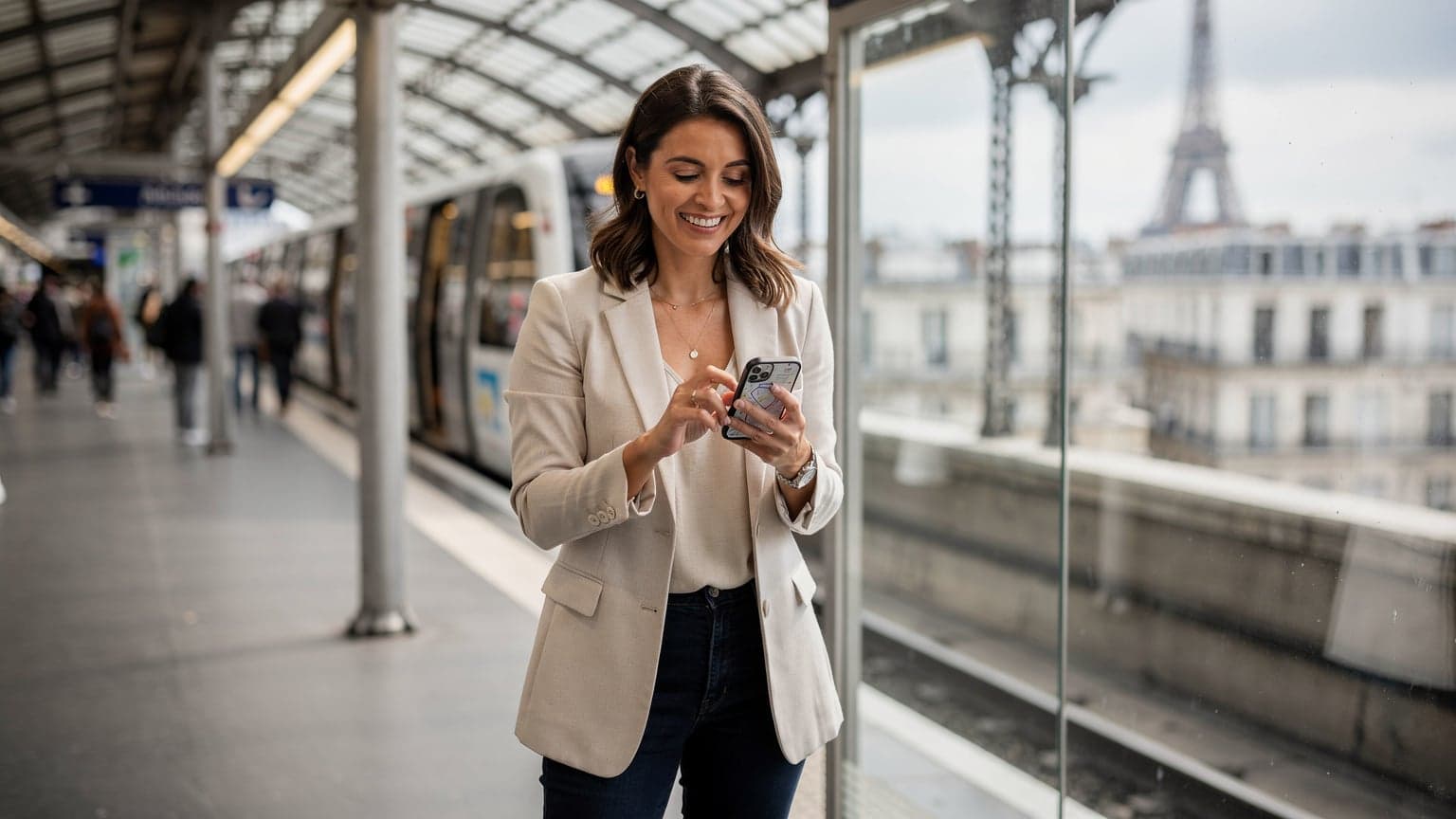 Une femme souriante, téléphone en main, consulte une carte des transports en commun parisienne, avec la Tour Eiffel en arrière-plan sous un ciel bleu.