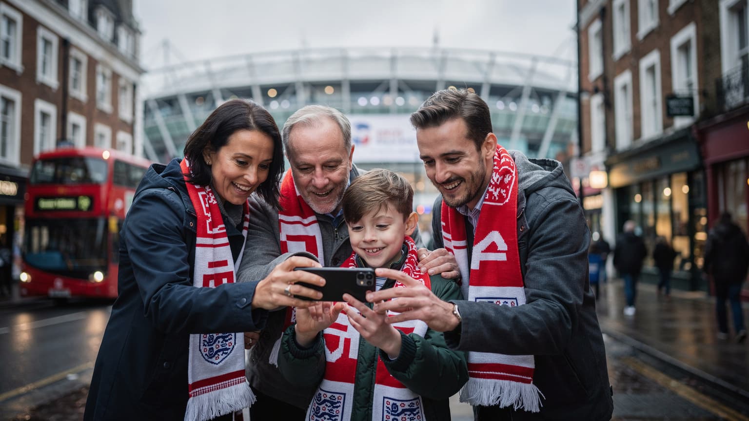 Eine Familie mit zwei Kindern und Wembley-Schals schaut gespannt auf ein Smartphone, das ein Fußballspiel anzeigt, während sie auf einer Londoner Straße vor einem roten Doppeldeckerbus stehen.