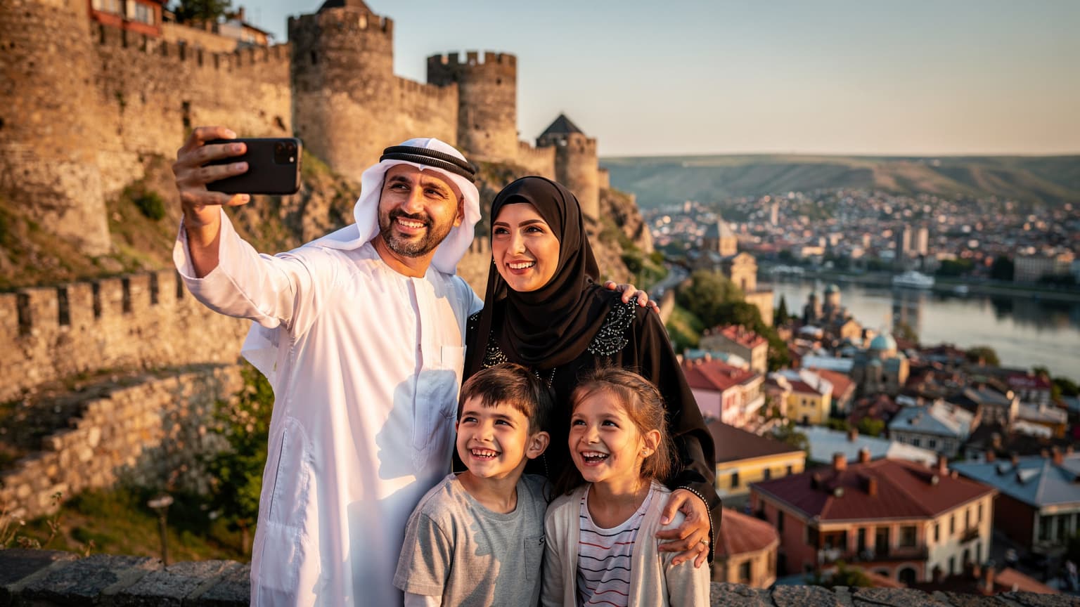 عائلة خليجية سعيدة, الأب والأم وطفلان, يلتقطون سيلفي بابتسامة واسعة أمام قلعة ناريكالا في تبليسي, جورجيا, مع إطلالة بانورامية على المدينة ونهر كورا.