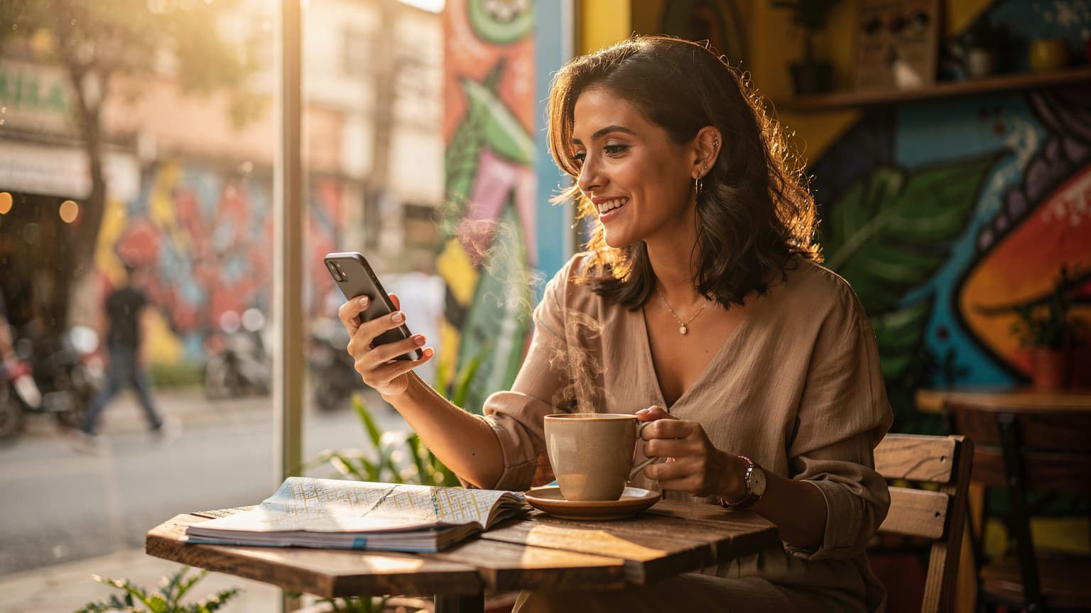 Uma mulher sorridente em um café charmoso no bairro da Vila Madalena, em São Paulo, Brasil, segurando um smartphone e um copo de café enquanto planeja uma viagem.