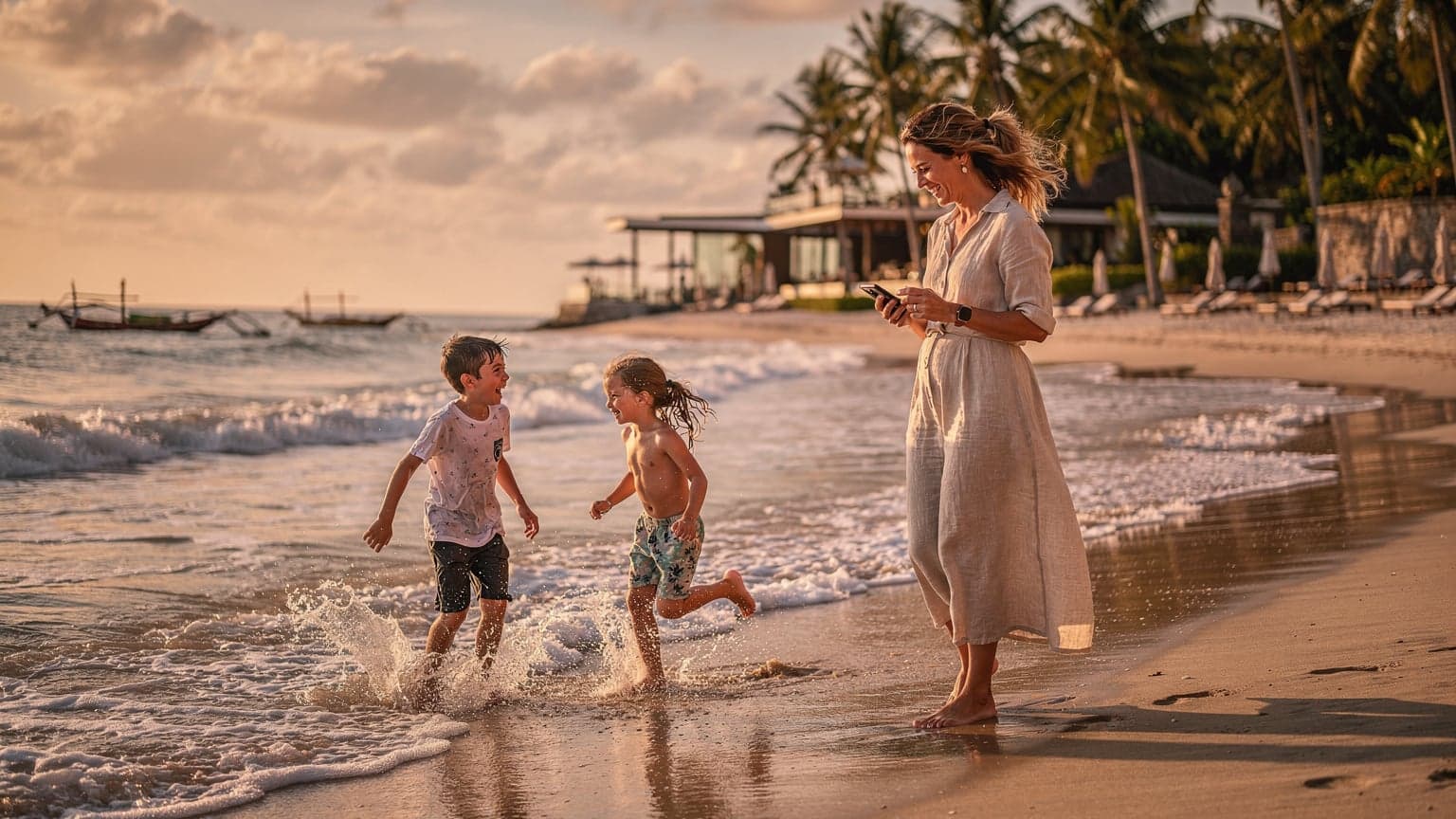Seorang ibu tersenyum sambil memegang ponselnya, di latar belakang anak-anaknya sedang bermain di tepi pantai Seminyak yang ramai, dengan suasana senja keemasan.