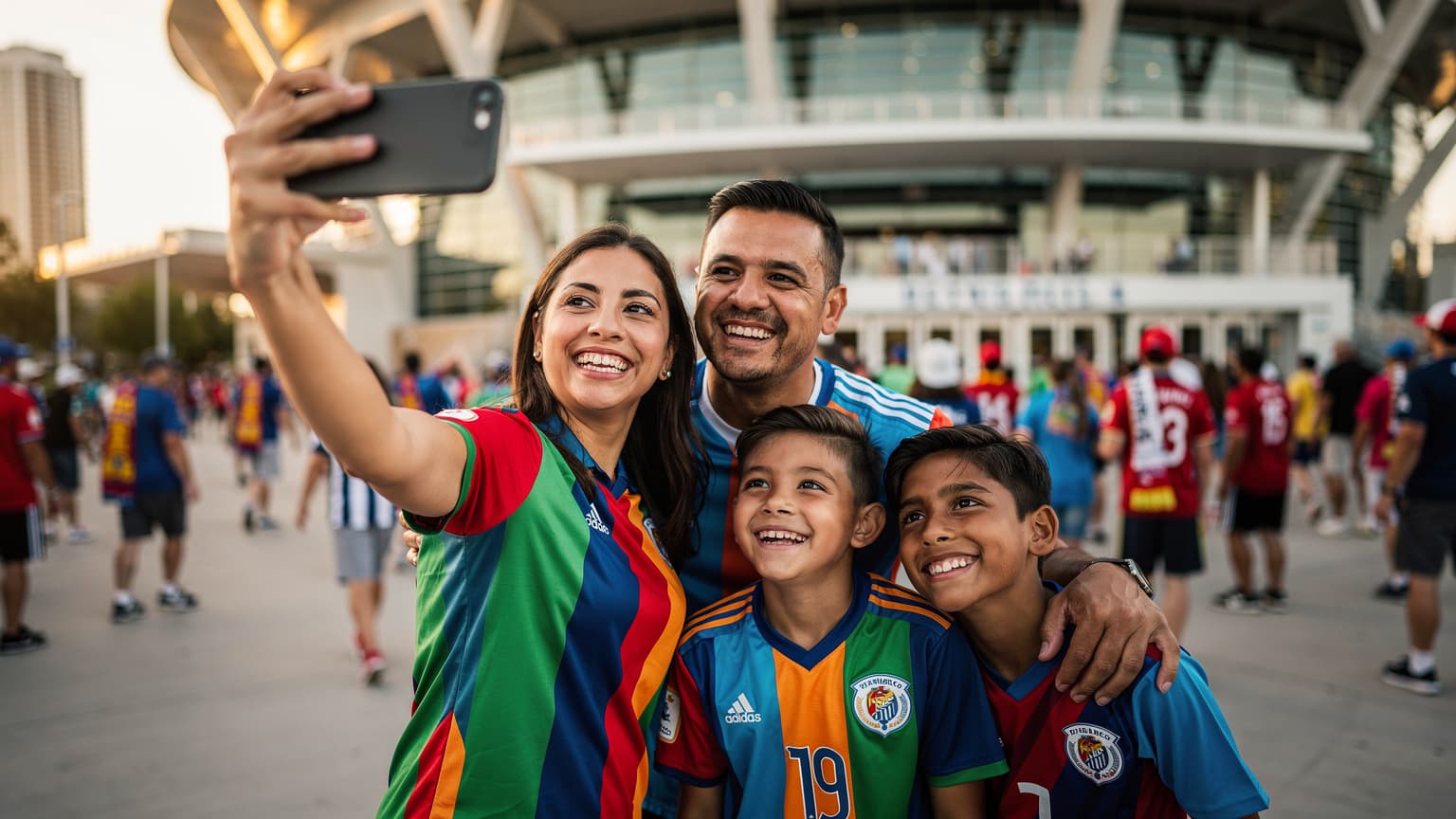 Una familia latinoamericana, con dos niños emocionados, posa con camisetas de fútbol frente a un estadio moderno en Estados Unidos, con un teléfono mostrando la aplicación Cellesim.