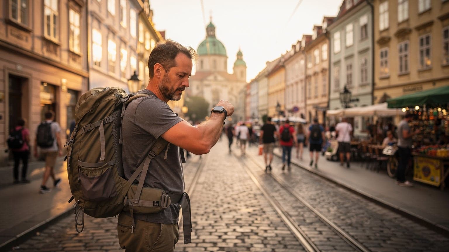 En mann med ryggsekk og Apple Watch på håndleddet sjekker kartet på klokken mens han står foran en gammel bygning i en travel gate i Praha.